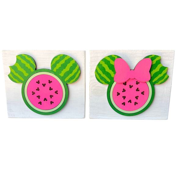 Disney Minnie & Mickey Mouse Summer Watermelon Wood Signs Rustic Decor Set - Picture 1 of 5